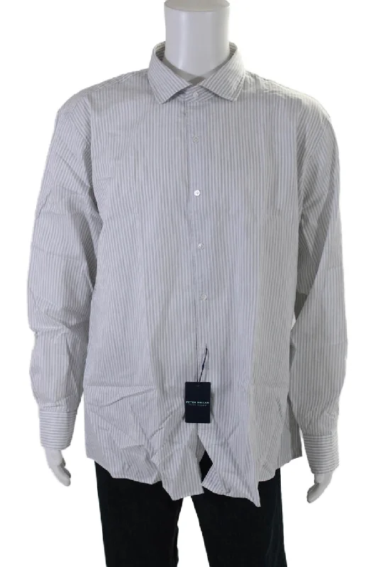 Men's no-fuss shirts-Peter Millar Mens Gray Striped Long Sleeve Button Down Dress Shirt