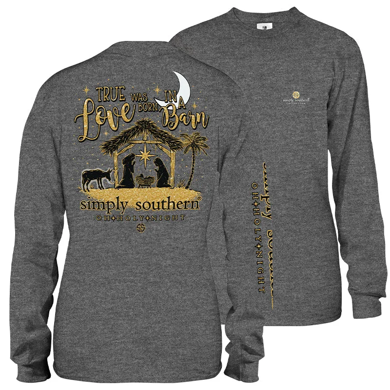 men’s graphic short sleeve shirts for everyday wear -SALE Simply Southern True Love Holy Night Holiday Long Sleeve T-Shirt