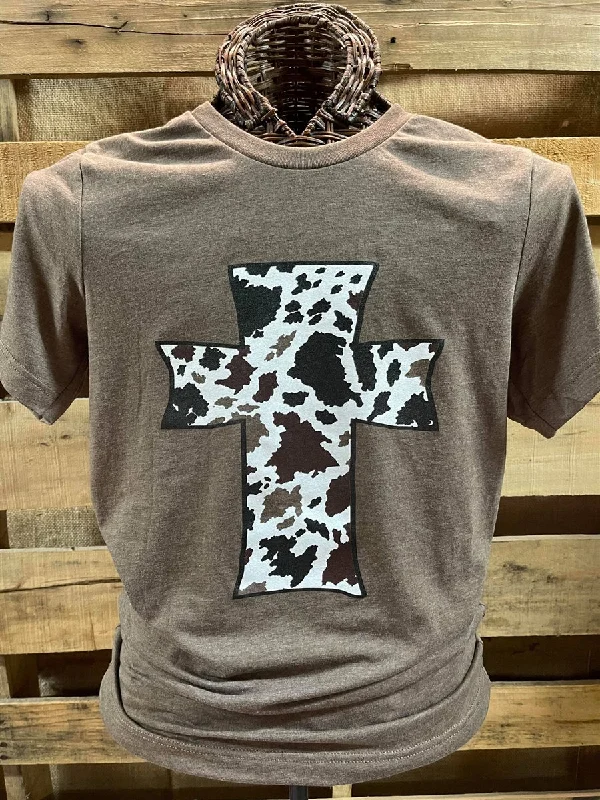 men’s relaxed fit short sleeve t-shirts -Southern Chics Apparel Cow Print Cross Canvas T Shirt