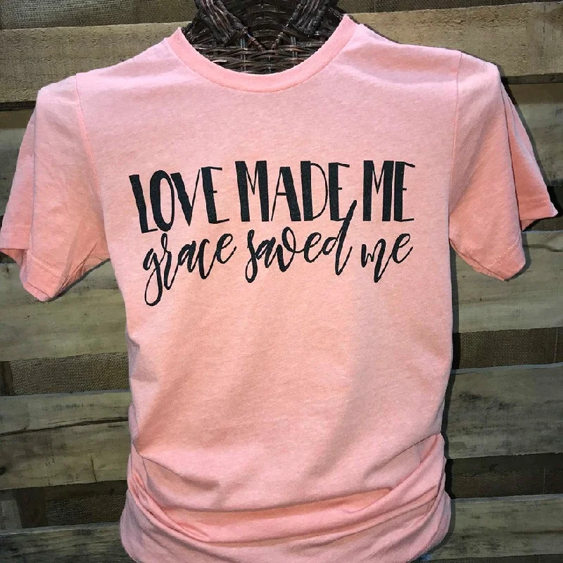 relaxed fit men’s short sleeve t-shirts for summer -Southern Chics Apparel Love Made Me Grace Saved Me Christian Canvas Girlie Bright T Shirt