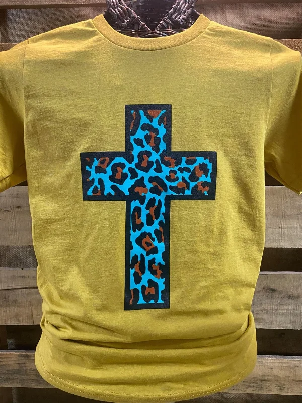 men’s breathable short sleeve t-shirts for outdoor events -Southern Chics Apparel Turquiose Leopard Cross Mustard Canvas Girlie Bright T Shirt