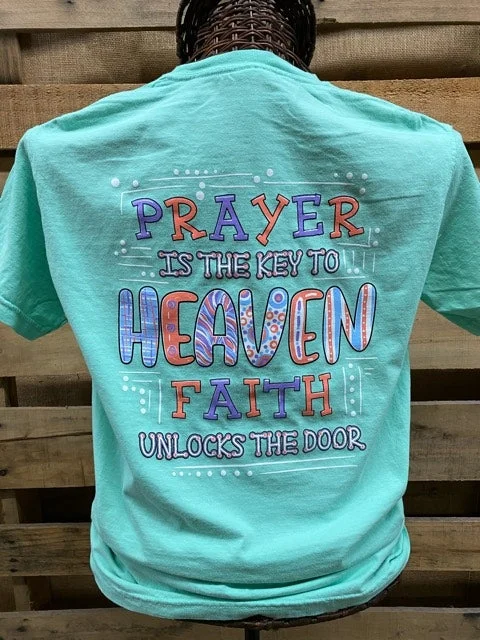 men’s slim fit short sleeve t-shirts -Southern Chics Prayer is the Key to Heaven Christian Comfort Colors Girlie Bright T Shirt