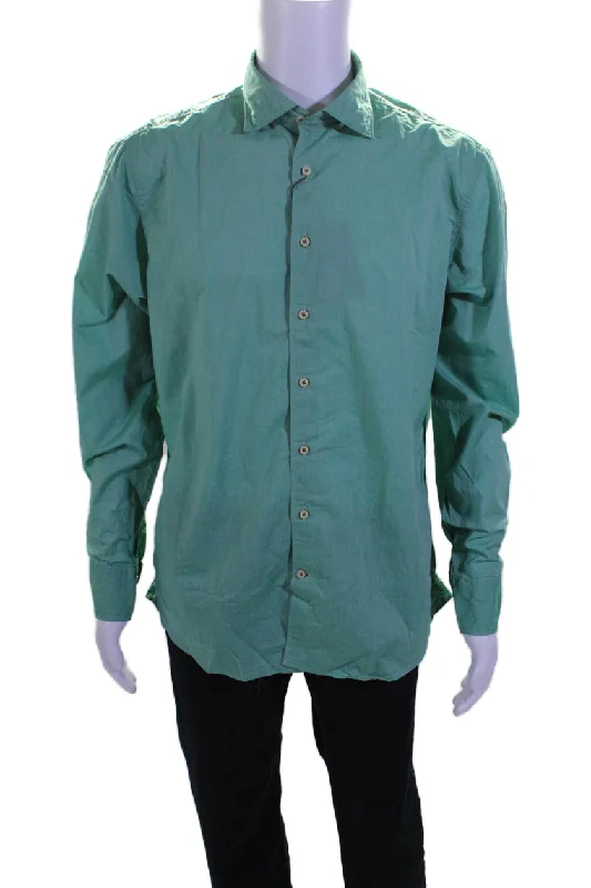 Men's cabin shirts-Stenstroms Mens Solid Green Cotton Long Sleeve Button Down Dress Shirt