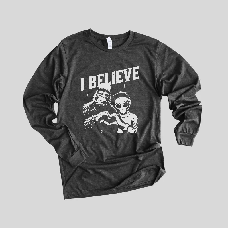 men’s comfortable short sleeve shirts with logos -Believe Alien <3 Bigfoot Long Sleeve  *UNISEX FIT*