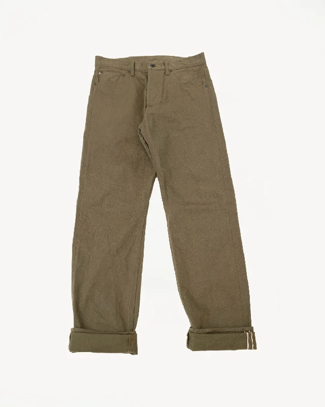 Men's pants with zigzag prints-246-OLOL - 12oz "Tate Yoko" Yarn Dyed Olive Trouser  - Neat Straight