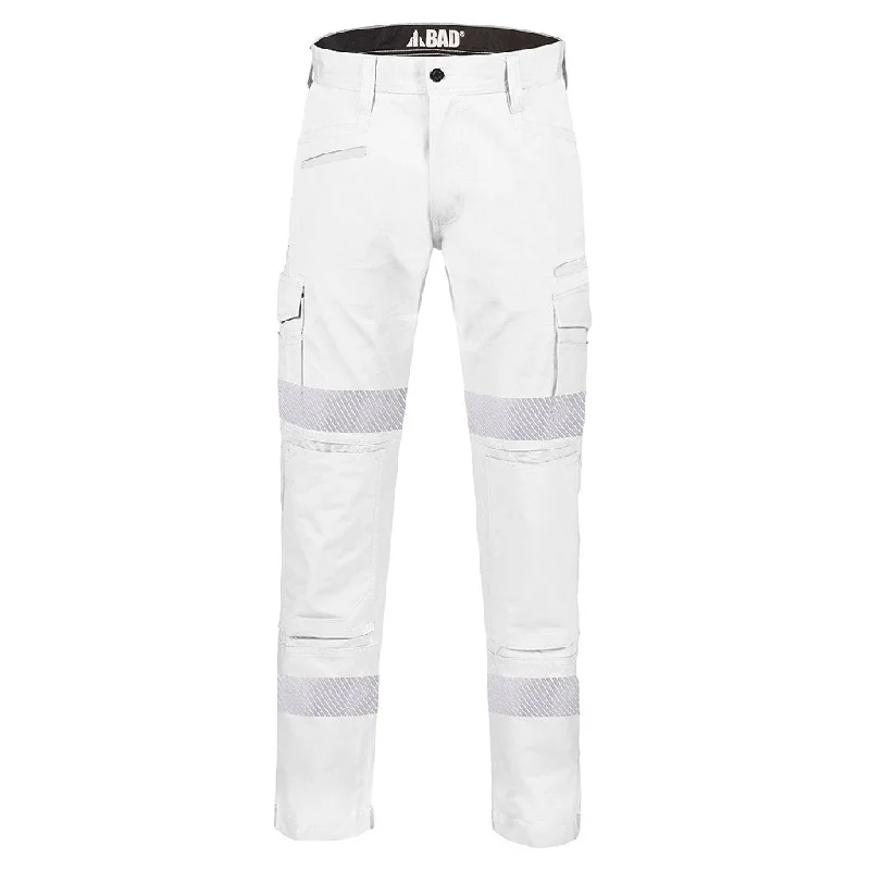 Men's pants with zip pockets-BAD ATTITUDE™ SLIM FIT WHITE NIGHT WORK PANTS WITH 3M TAPE