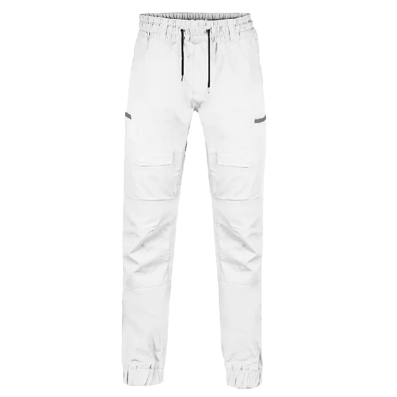 Men's pants for smart casual-BAD SAVIOUR™ CUFFED ELASTIC WAIST WHITE PAINTERS WORK PANTS