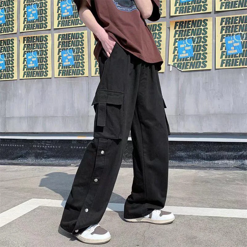 Men's pants with stripe prints-Elastic Waist Wide Leg Cargo Pants