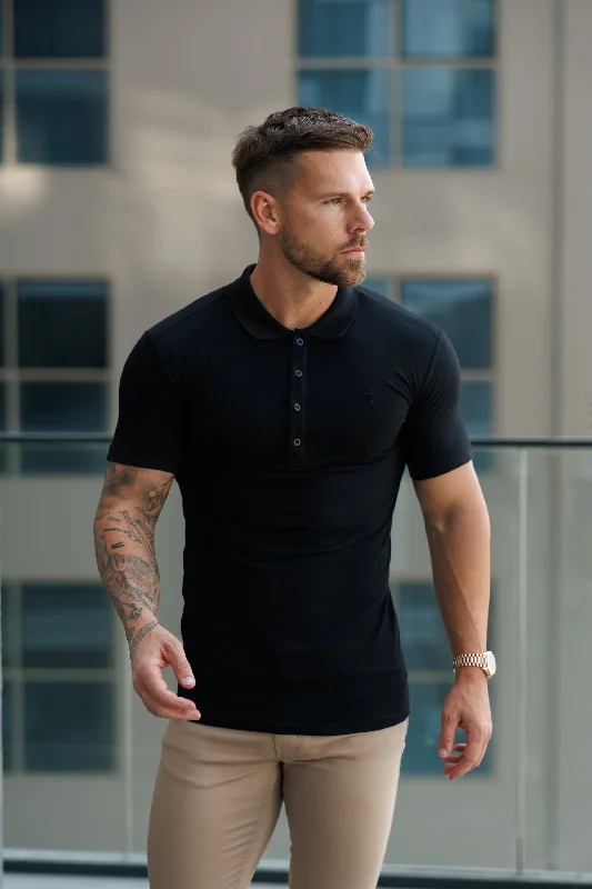 trendy summer short sleeve shirts for men -Father Sons Classic Black Polo Shirt with Tonal Button and Embroidery - FSH824