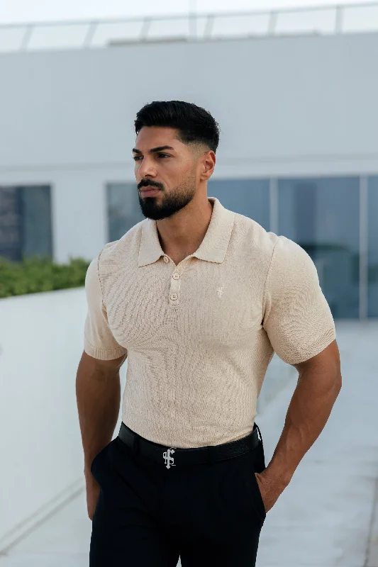 stylish and breathable summer short sleeve shirts -Father Sons Classic Plain Beige Knitted Polo Short Sleeve - FSN111