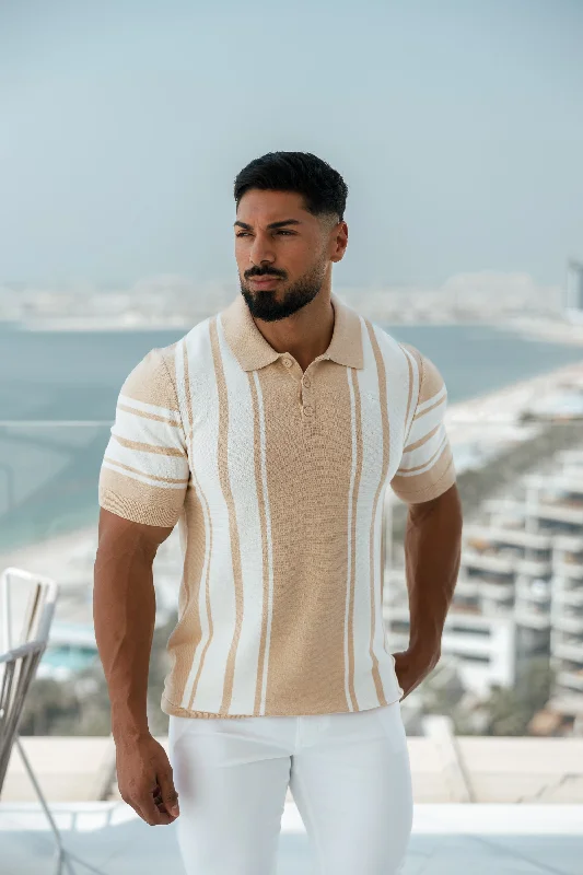 men’s affordable short sleeve shirts for daily wear -Father Sons Classic Beige / Off White Knitted Vertical Stripe Polo Short Sleeve - FSN107