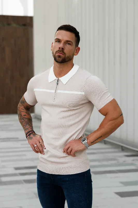 trendy short sleeve shirts with floral patterns -Father Sons Classic Beige / White Horizontal Stripe Zipped Polo Short Sleeve - FSN041