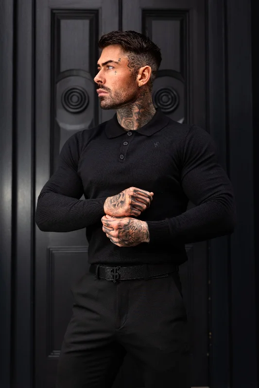 comfortable summer short sleeve shirts for men -Father Sons Classic Black Knitted Polo Jumper Long Sleeve With Tonal FS Embroidery- FSN139