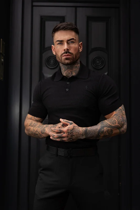 trendy short sleeve shirts for work and play -Father Sons Classic Black Knitted Polo Jumper Short Sleeve With Tonal FS Embroidery- FSN143