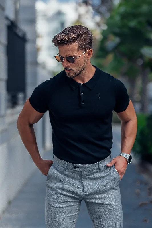 cool summer short sleeve shirts for casual wear -Father Sons Classic Black Merino Wool Knitted Polo Jumper Short Sleeve With FS Embroidery- FSN022