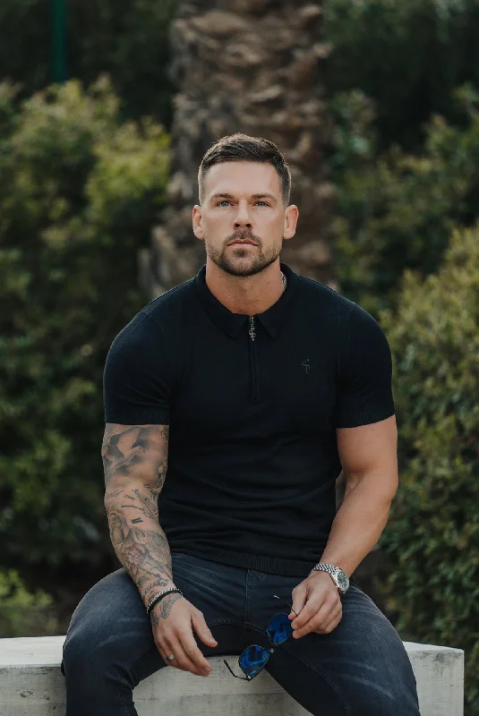 affordable short sleeve shirts with bold prints -Father Sons Classic Black Merino Wool Knitted Zip Polo Short Sleeve Jumper With FS Embroidery- FSN023