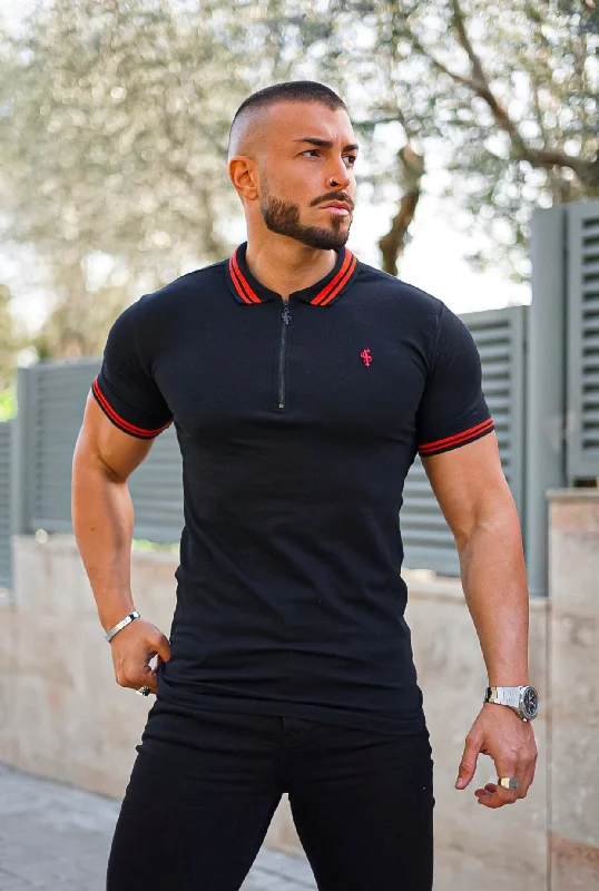 affordable short sleeve t-shirts for men’s active wear -Father Sons Classic Black / Red Collar and Sleeve Contrast Polo Short Sleeve - FSH619