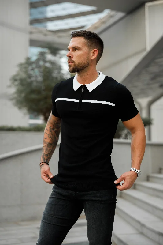 affordable short sleeve shirts for work and leisureFather Sons Classic Black / White Horizontal Stripe Zipped Polo Short Sleeve - FSN038