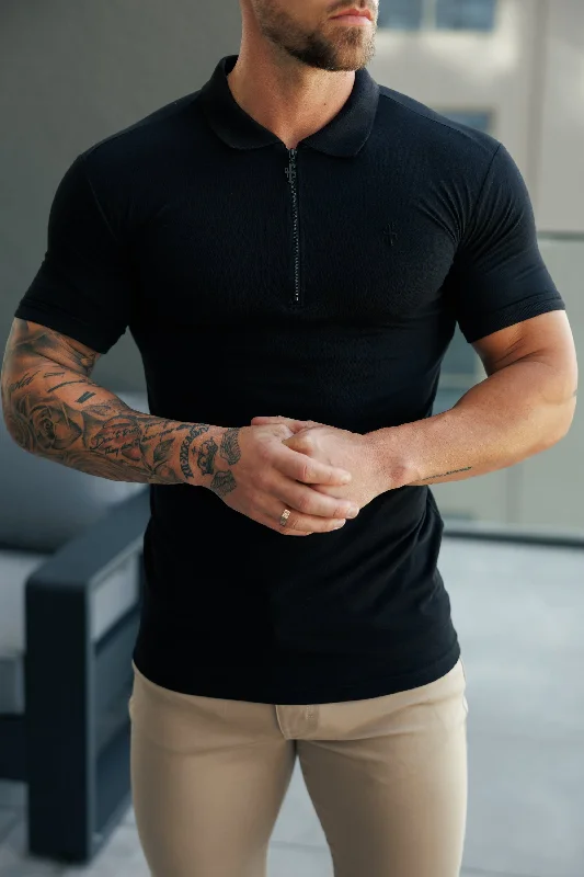 men’s slim fit short sleeve t-shirts -Father Sons Classic Black Zipped Polo Shirt - FSH1228