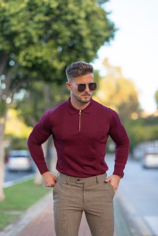 men’s short sleeve shirts with vibrant prints -Father Sons Classic Burgundy and Gold Zip Knitted Long Sleeve Polo Shirt - FSH566