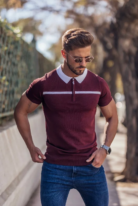 trendy short sleeve polo shirts for men -Father Sons Classic Burgundy / White Horizontal Stripe Zipped Polo Short Sleeve - FSN045