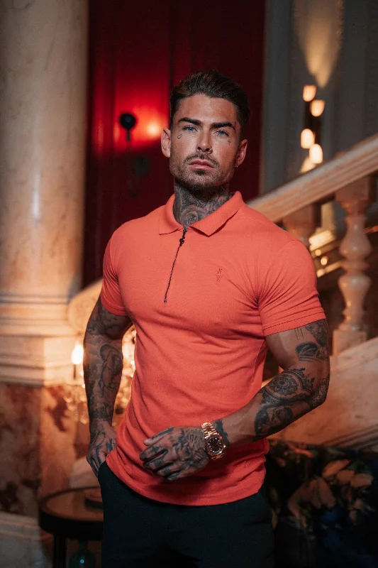 men’s graphic short sleeve shirts for hot weather -Father Sons Classic Coral and Black Zipped Polo Shirt - FSH852