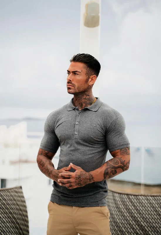 versatile and comfortable short sleeve polo shirts -Father Sons Classic Dark Grey Polo Shirt with Tonal Button and Embroidery - FSH826