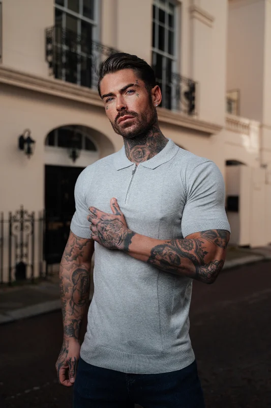 comfortable short sleeve shirts with relaxed cuts -Father Sons Classic Grey Marl and Silver Zip Knitted Polo Shirt Short Sleeve  - FSN132