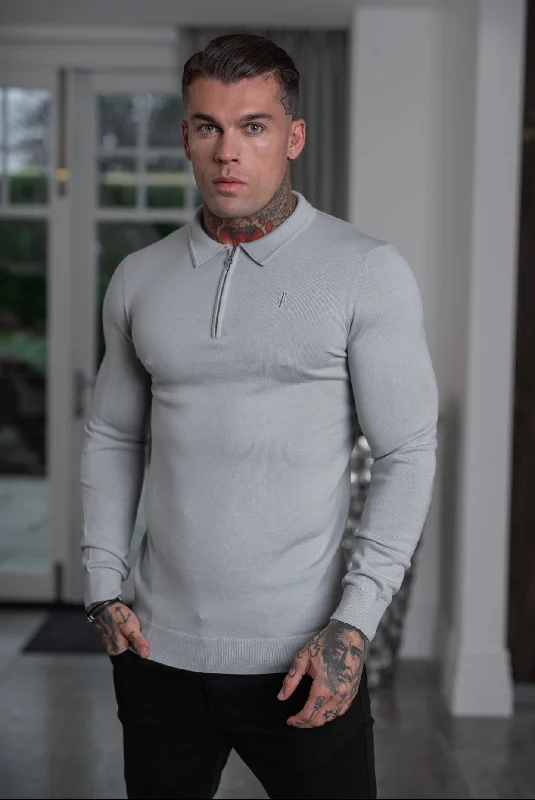 high-quality men’s short sleeve polo shirts -Father Sons Classic Grey Merino Wool Knitted Zip Polo Long Sleeve Jumper With FS Embroidery- FSN009