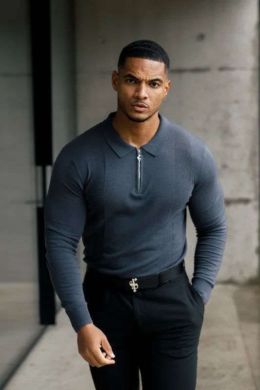 comfortable short sleeve shirts with a sporty look -Father Sons Classic Gunmetal and Silver Zip Knitted Polo Shirt Long Sleeve - FSN128