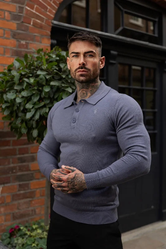 stylish short sleeve shirts for casual work wear -Father Sons Classic Gunmetal Knitted Polo Jumper Long Sleeve With Tonal FS Embroidery- FSN141