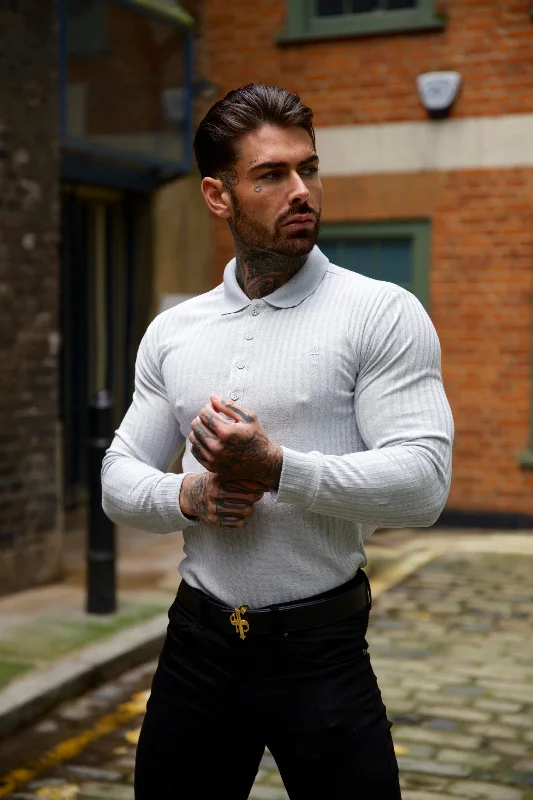 modern short sleeve shirts with vibrant prints -Father Sons Classic Light Grey Ribbed Polo Shirt Long Sleeve - FSH972