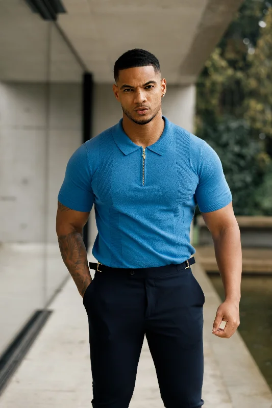 men’s cool and fashionable short sleeve shirts -Father Sons Classic Mid Blue and Gold Zip Knitted Polo Shirt Short Sleeve  - FSN134