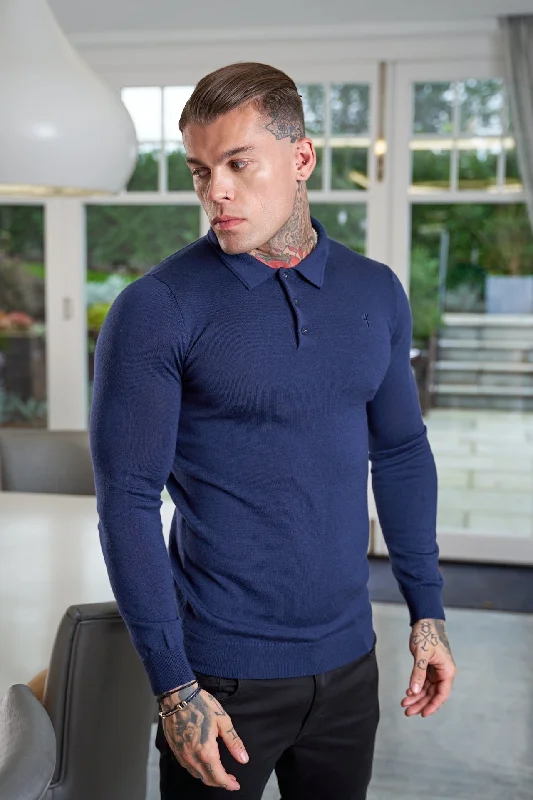 relaxed fit men’s short sleeve t-shirts for summer -Father Sons Classic Navy Merino Wool Knitted Polo Jumper Long Sleeve With FS Embroidery- FSN015