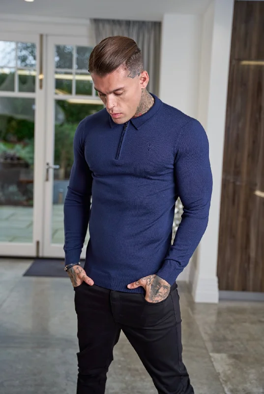 breathable short sleeve shirts for active men -Father Sons Classic Navy Merino Wool Knitted Zip Polo Long Sleeve Jumper With FS Embroidery- FSN007