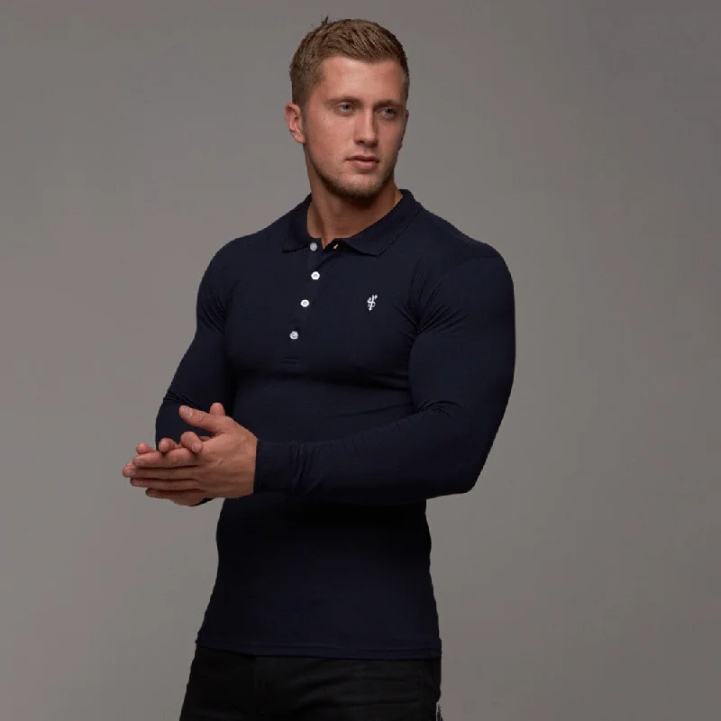 men’s stylish short sleeve shirts with striped designs -Father Sons Classic Navy Polo Long Sleeve Shirt - FSH036