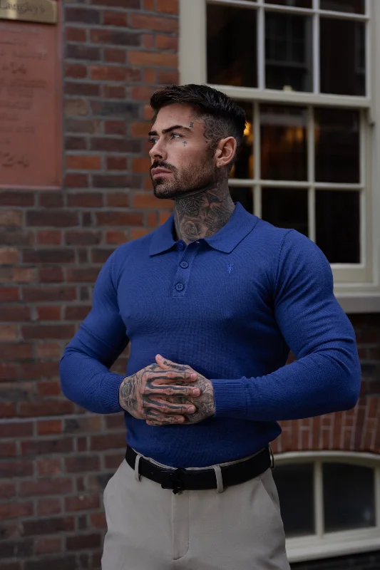 modern men’s short sleeve shirts for casual wear -Father Sons Classic Ocean Blue Knitted Polo Jumper Long Sleeve With Tonal FS Embroidery- FSN140