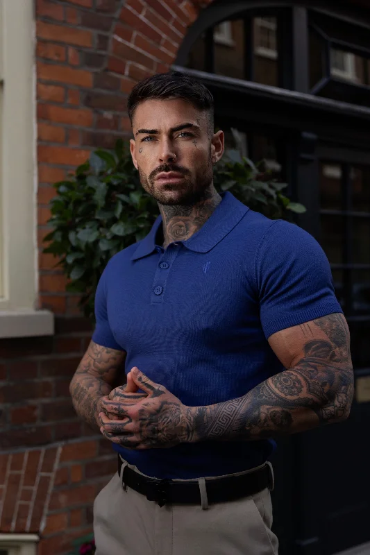 men’s casual short sleeve shirts with modern designs -Father Sons Classic Ocean Blue Knitted Polo Jumper Short Sleeve With Tonal FS Embroidery- FSN144