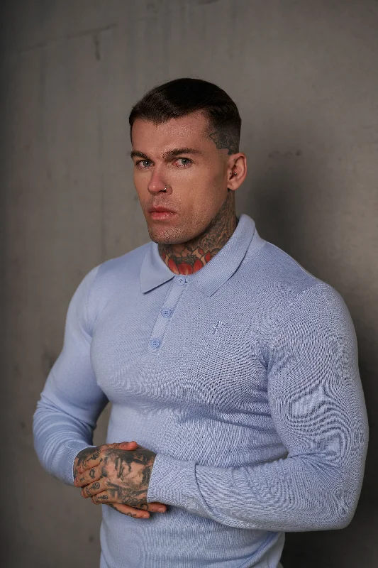 cool and stylish short sleeve shirts with bold prints -Father Sons Classic Pale Blue Knitted Polo Jumper Long Sleeve With Tonal FS Embroidery- FSN142