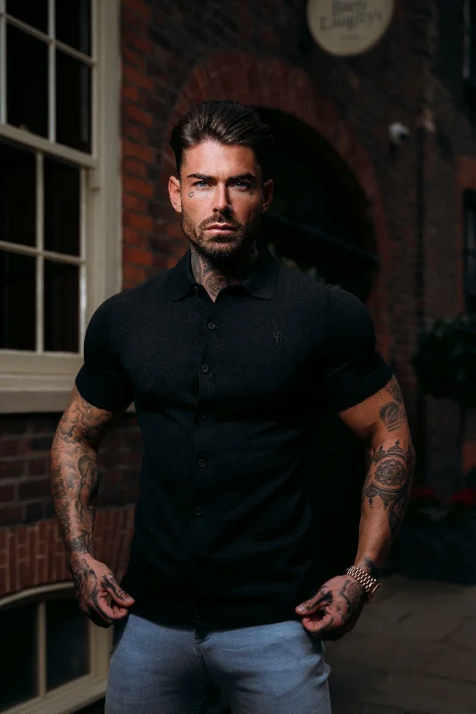 trendy short sleeve shirts for gym wear -Father Sons Classic Plain Black Knitted Button Through Polo Short Sleeve - FSN101