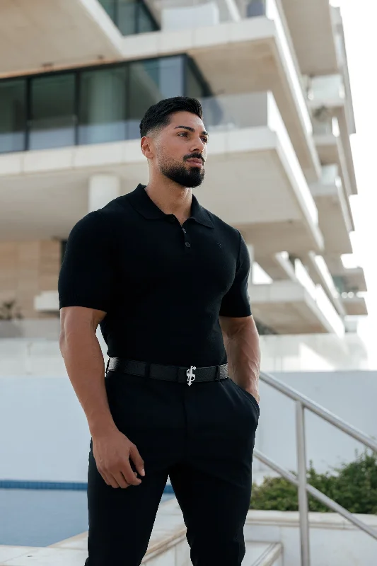 versatile and comfortable short sleeve t-shirts for men -Father Sons Classic Plain Black Knitted Polo Short Sleeve - FSN108