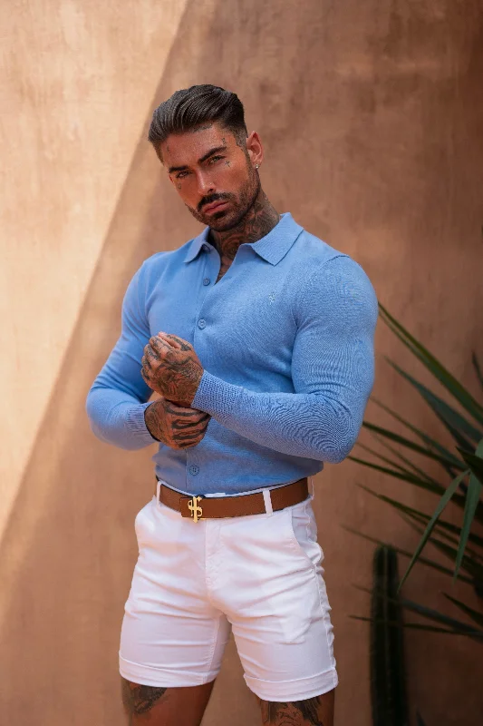 modern men’s short sleeve shirts for casual wear -Father Sons Classic Plain Light Blue Knitted Button Through Polo Long Sleeve - FSN169