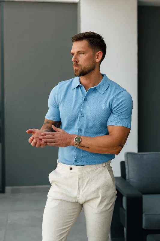 breathable and stylish short sleeve shirts for men -Father Sons Classic Plain Light Blue Knitted Button Through Polo Short Sleeve - FSN161