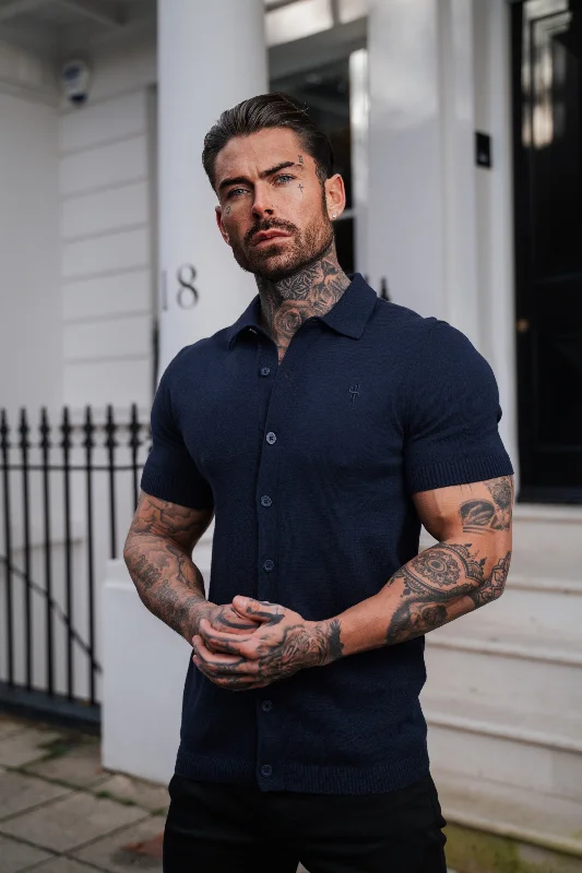 versatile short sleeve t-shirts for all occasions -Father Sons Classic Plain Navy Knitted Button Through Polo Short Sleeve - FSN103