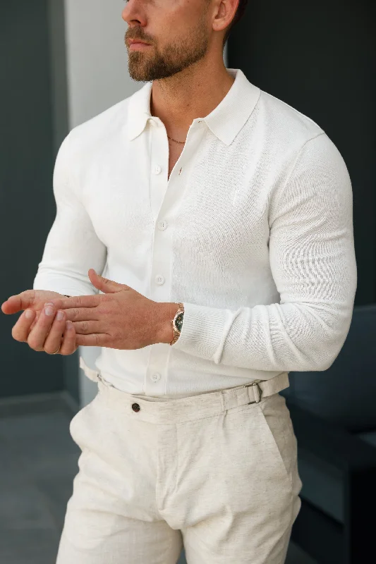 men’s comfortable short sleeve shirts for office wear -Father Sons Classic Plain Off White Knitted Button Through Polo Long Sleeve - FSN172