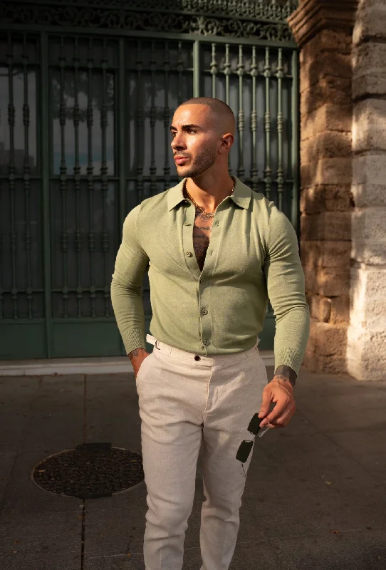 men’s affordable short sleeve shirts with bold prints -Father Sons Classic Plain Olive Knitted Button Through Polo Long Sleeve - FSN170