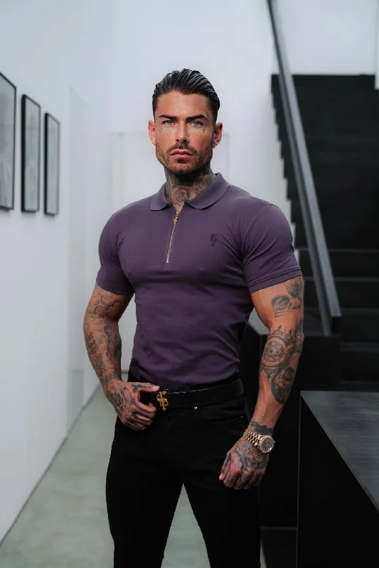 modern short sleeve shirts with a sleek fit -Father Sons Classic Plum and Gold Zipped Polo Shirt - FSH855