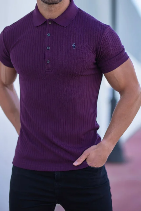 men’s casual short sleeve polo shirts with patterns -Father Sons Classic Plum Ribbed Polo Shirt Short Sleeve with Black Metal Emblem Decal & Buttons- FSH585