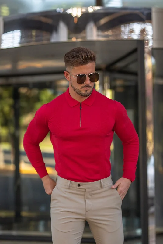 versatile short sleeve t-shirts for all occasions -Father Sons Classic Poppy Red and Black Zip Knitted Long Sleeve Polo Shirt - FSH567