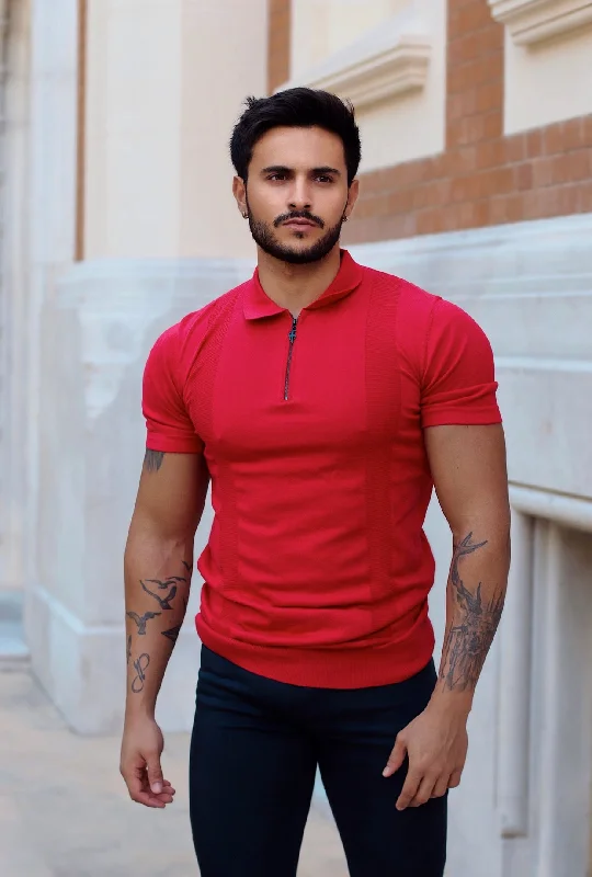 breathable short sleeve shirts for active men -Father Sons Classic Red and Black Zip Knitted Short Sleeve Polo - FSH467